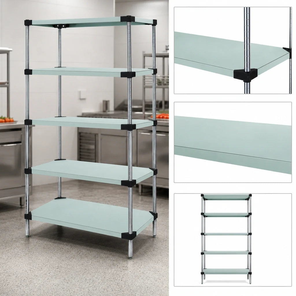 Quantum WRS5-63-2136SS Solid Stainless Steel Shelving Starter Kit, 5 Shelves, 36"W x 21"D x 63"H