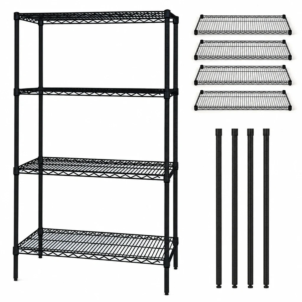 Quantum WR54-2442BK 42"W x 24"D x 54"H Stationary Wire Shelving Starter Unit, 4 Shelves, Black Epoxy Finish