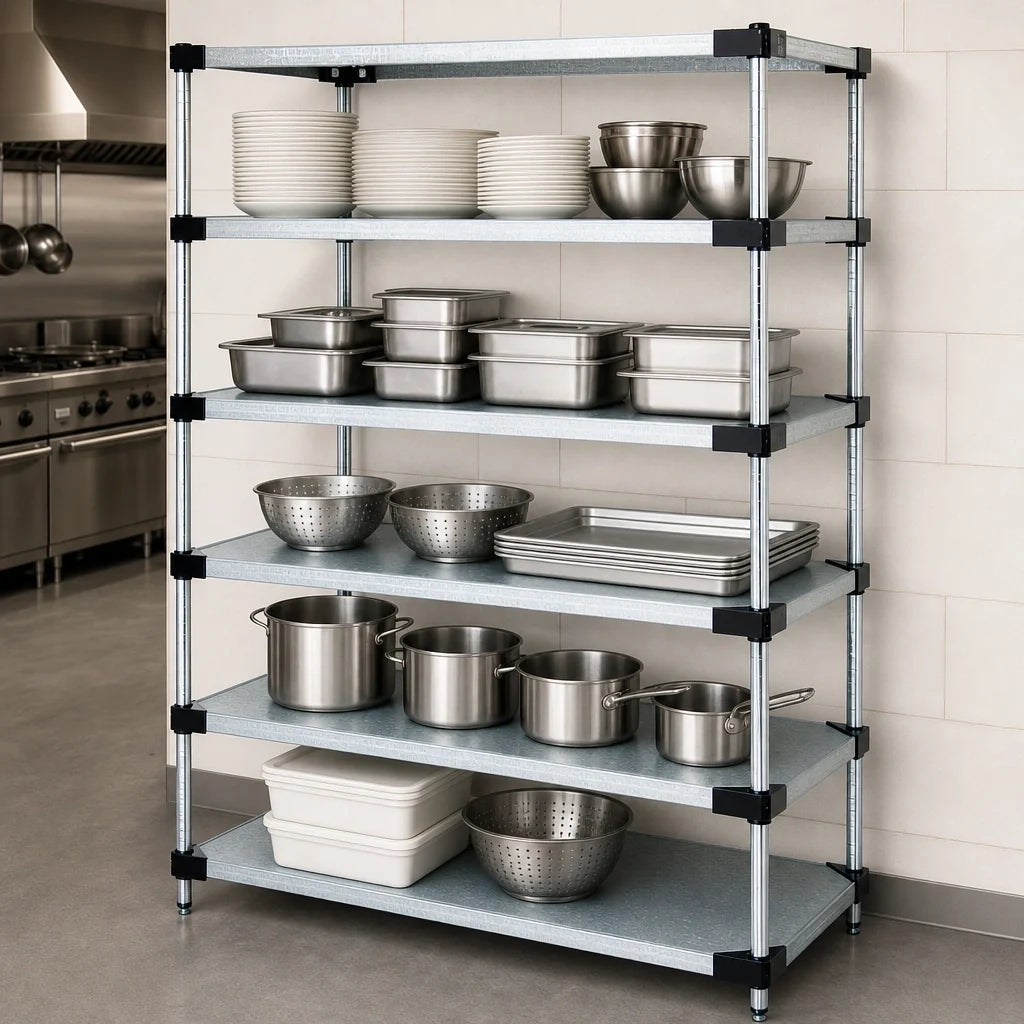 Quantum WR63-2154SG-5 Solid Shelving Starter Kit, 54"W x 21"D x 63"H, 5 Shelves, Galvanized Steel, Chrome Posts