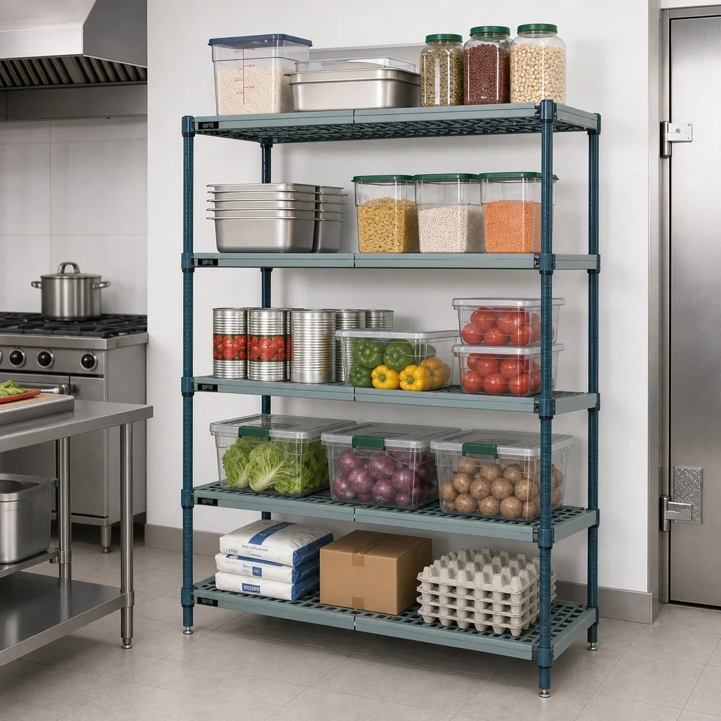 Quantum WR74-1872WPM-5 Stationary 5-Tier Wire Plastic Mat Shelving Unit, 72W x 18D x 74H, Green Epoxy