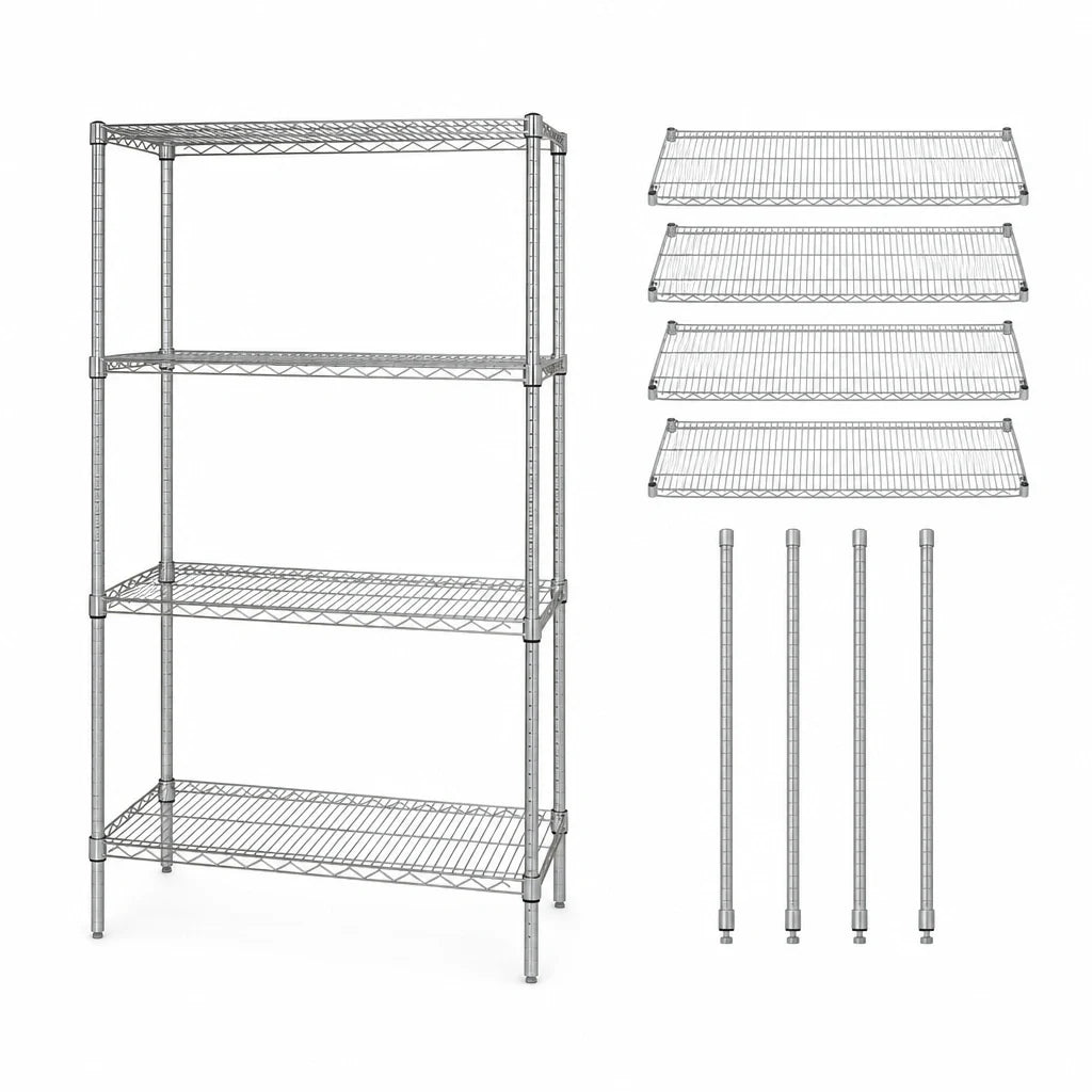 Quantum WR63-1242C Stationary Chrome Wire Shelving Starter Kit, 42 x 12 x 63 Inches, 4 Shelves