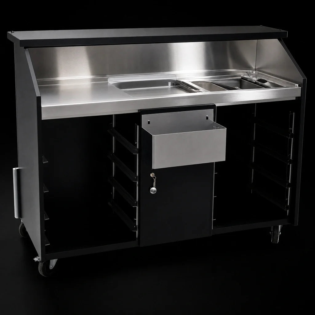 Eagle Group Deluxe DPB-5-W Indoor Portable Bar, 63W x 24-3/8D x 48H, White Melamine/Black Formica, Stainless Work Surface, Ice Bin, Speed Rail