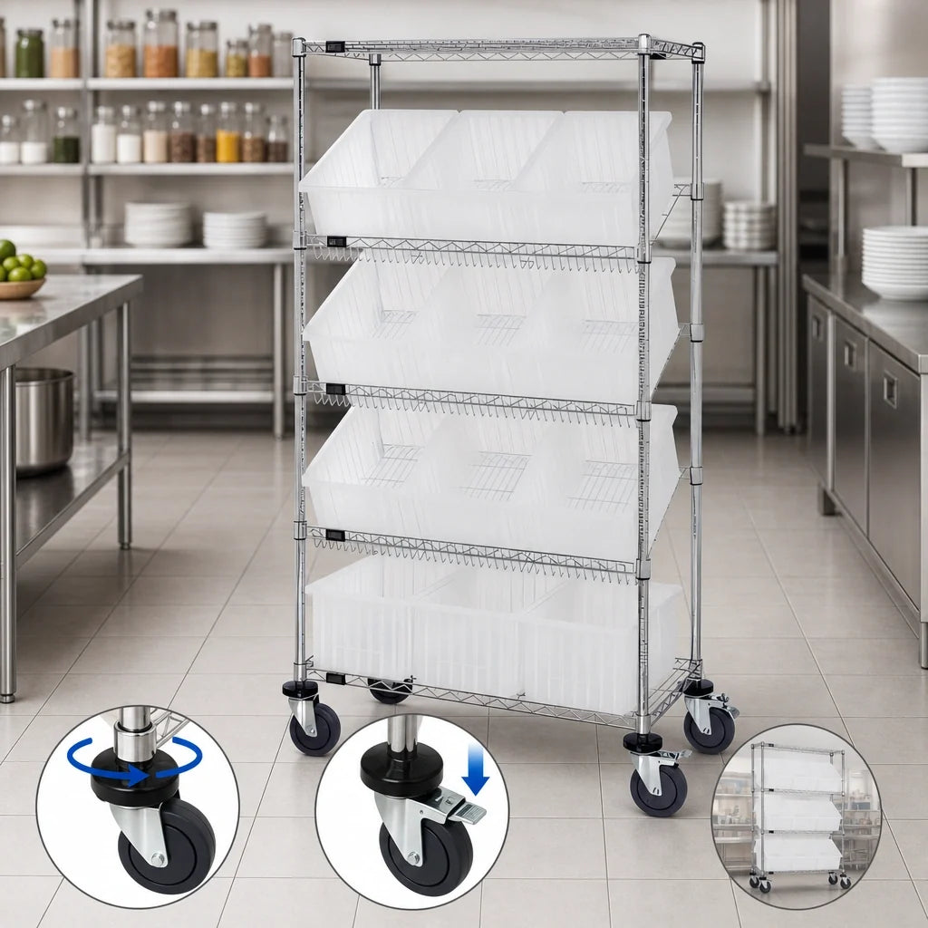Quantum MWRS-5-92080CL Mobile Chrome Wire Shelving Bin System, 5 Shelves, 12 Clear Bins, 36 x 18 x 63 Inches
