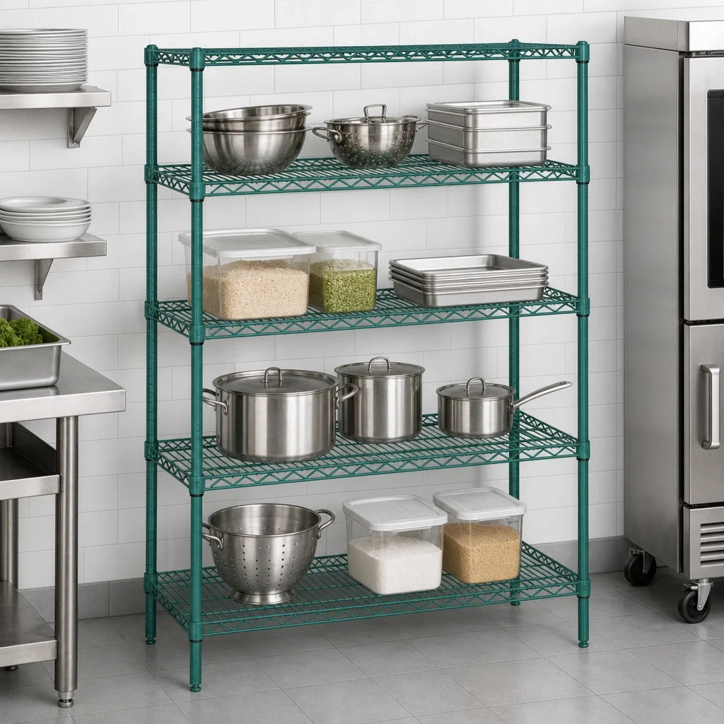 Quantum WR54-1454P Green Epoxy Wire Shelving Starter Unit, 54"W x 14"D x 54"H, 4 Shelves, Stationary