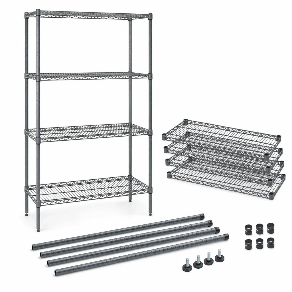 Quantum WR63-2136GY Stationary Wire Shelving Starter Kit, 36"W x 21"D x 63"H, 4 Shelves, Gray Epoxy
