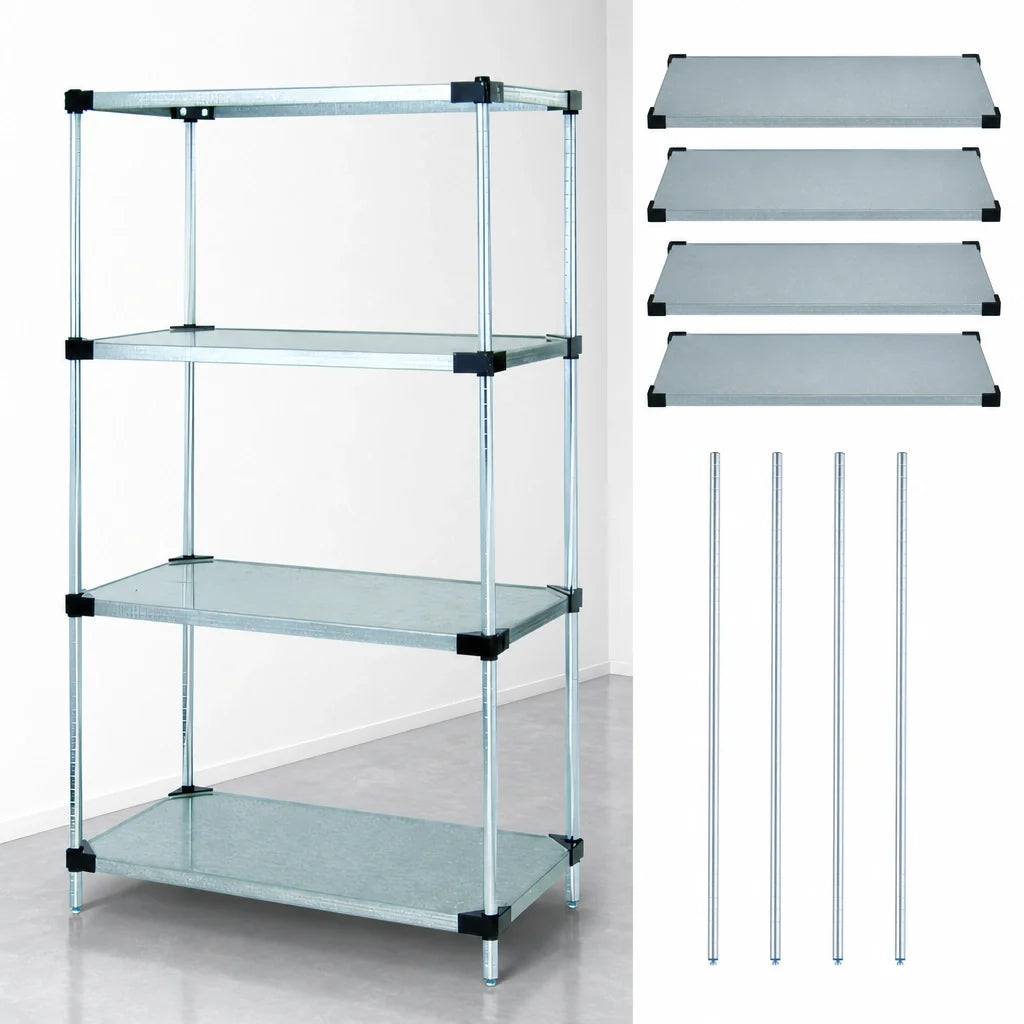 Quantum WR86-1824SG Solid Shelving Starter Unit, 24"W x 18"D x 86"H, 4 Shelves/4 Posts, Galvanized Steel, Chrome Posts