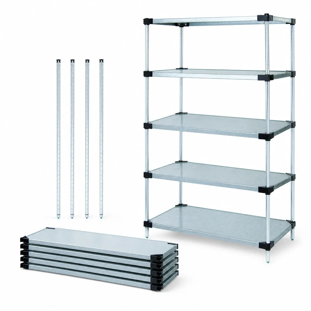 Quantum WR74-2460SG-5 Stationary Solid Shelving Starter Unit, 60"W x 24"D x 74"H, 5 Galvanized Steel Shelves, Chrome Posts