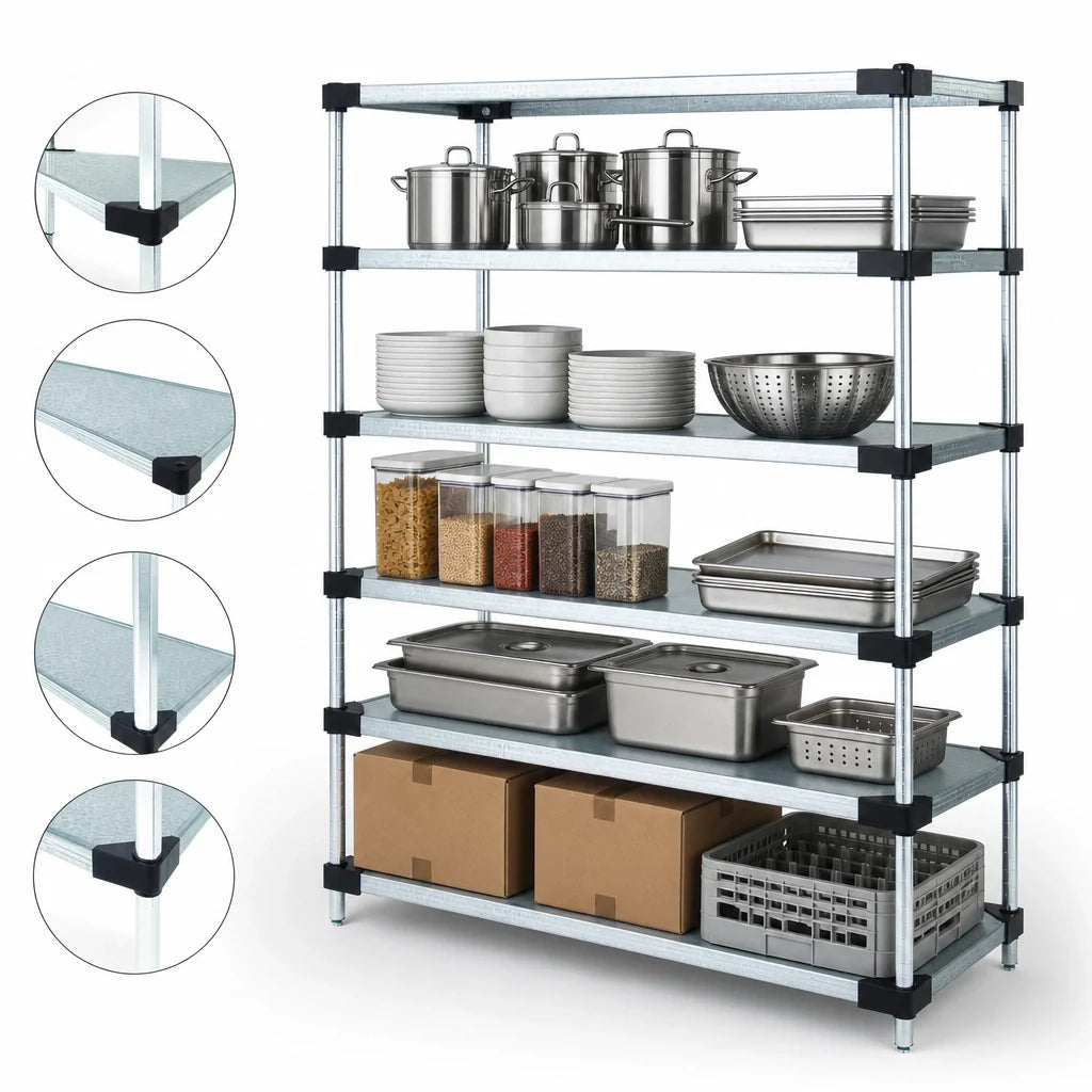 Quantum WR54-1872SG-5 Stationary Solid Shelving Starter Unit, 72"W x 18"D x 54"H, 5 Galvanized Steel Shelves, Chrome Posts