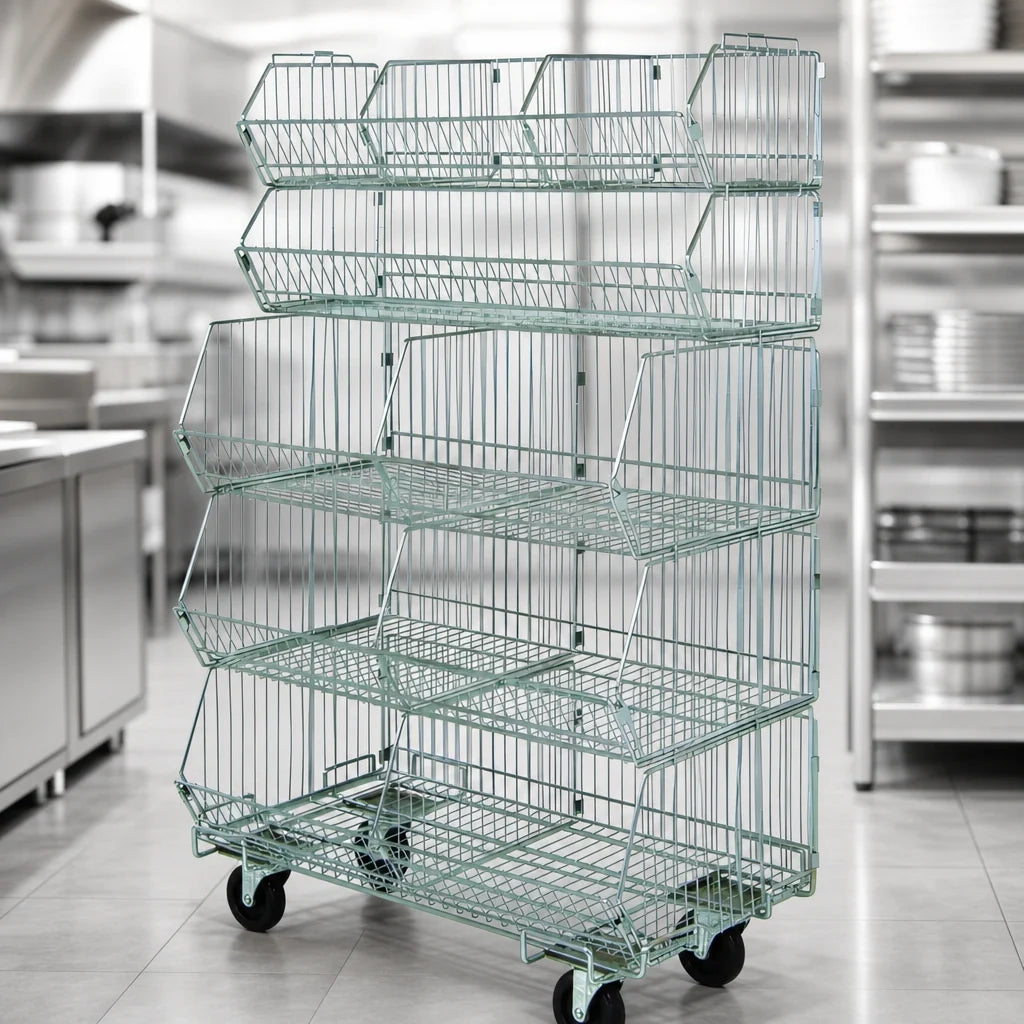 Quantum WR5-36MSBA-MOB Mobile Chrome-Plated Stacking Basket System, 5 Baskets with Dividers, 36W x 20D x 60H