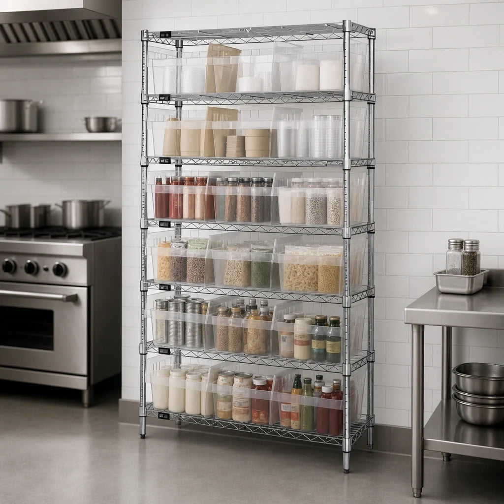 Quantum WR8-810CL Bin Wire Shelving System, 36W x 18D x 74H, 8 Shelves, 21 Clear Bins, Chrome Finish