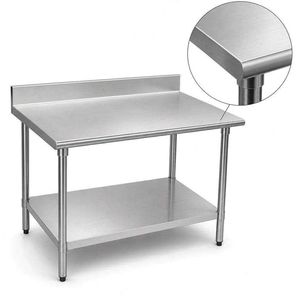 Eagle Group Spec-Master T3648E-BS 48" x 36" 14-Gauge 300 Series Stainless Steel Work Table with Backsplash and Adjustable Galvanized Undershelf