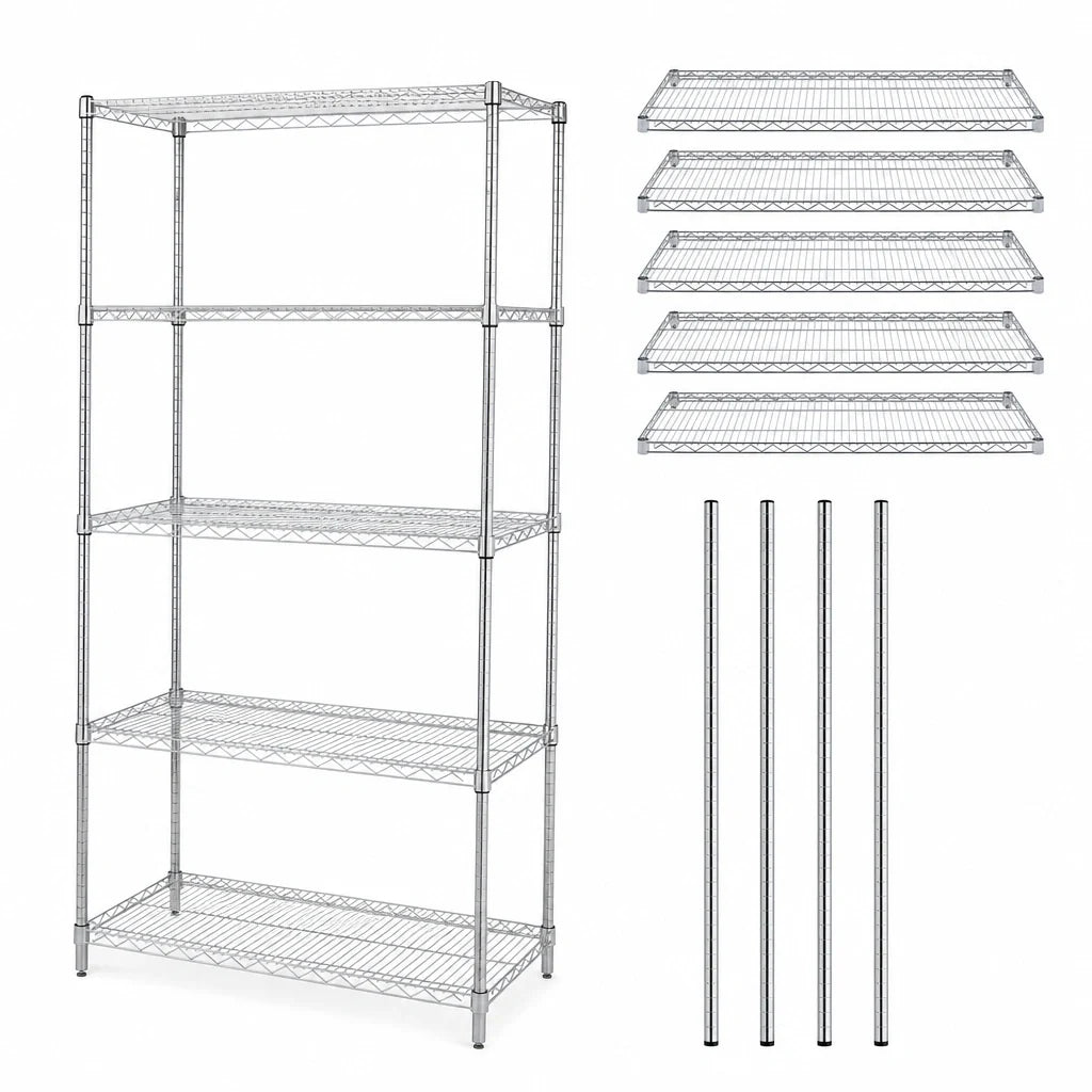 Quantum WR86-3036C-5 Stationary Chrome Wire Shelving Starter Unit, 36"W x 30"D x 86"H, 5 Shelves