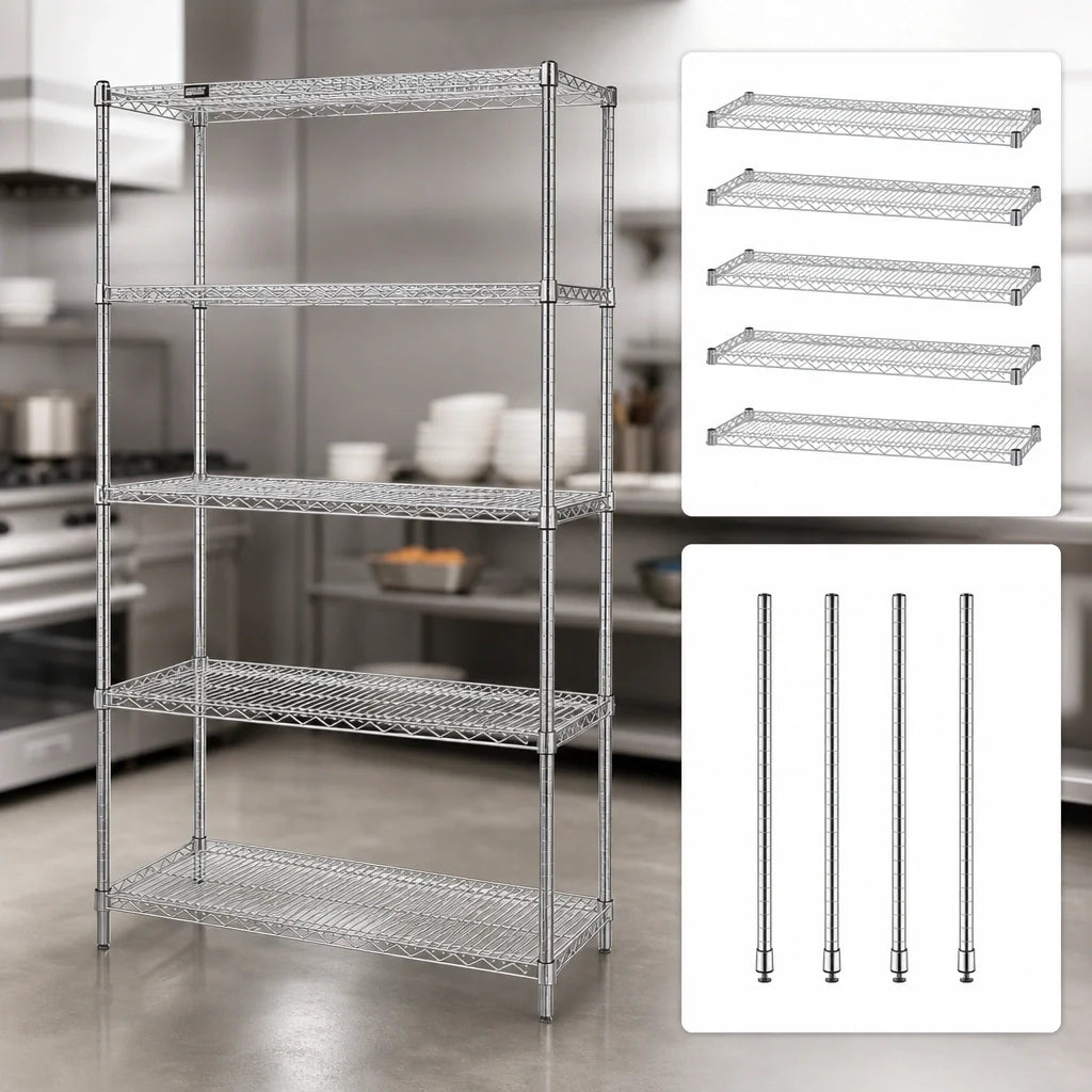 Quantum WR86-2154C-5 Stationary 5-Shelf Wire Shelving Starter Kit, 54"W x 21"D x 86"H, Chrome Finish