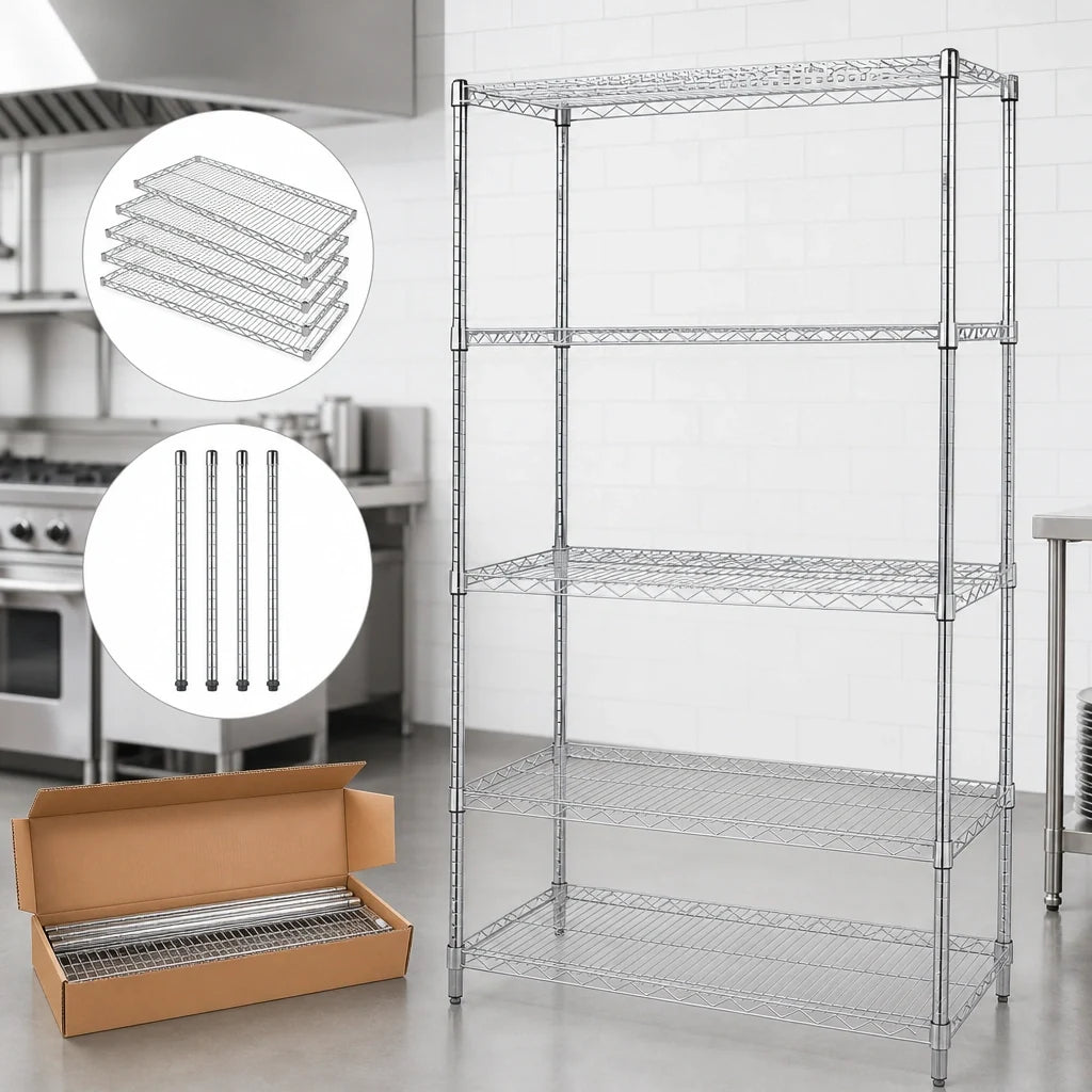 Quantum WR86-1872C-5 Stationary Wire Shelving Starter Kit, 72"W x 18"D x 86"H, Chrome Plated, 5 Shelves