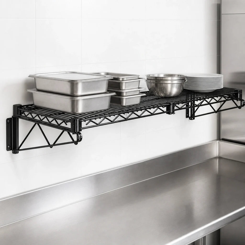 Quantum WDWB2460BK Wall-Mount Cantilever Single Wire Shelf Kit, 60 x 24 Inches, Black Epoxy Antimicrobial Finish