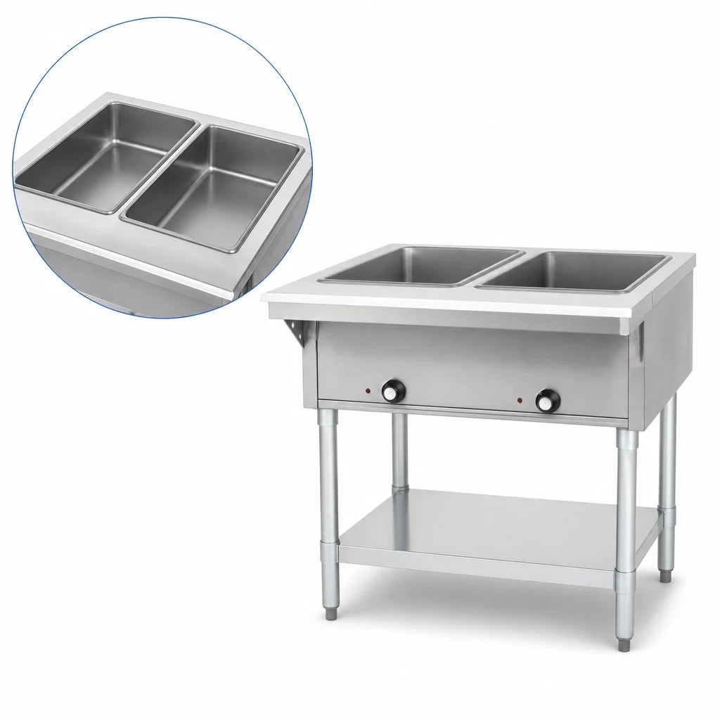 Eagle Group DHT2-208-3 33-Inch Electric Hot Food Table, Open Base, 2 Dry Wells, 208V 3-Phase, Stainless Steel, Cutting Board