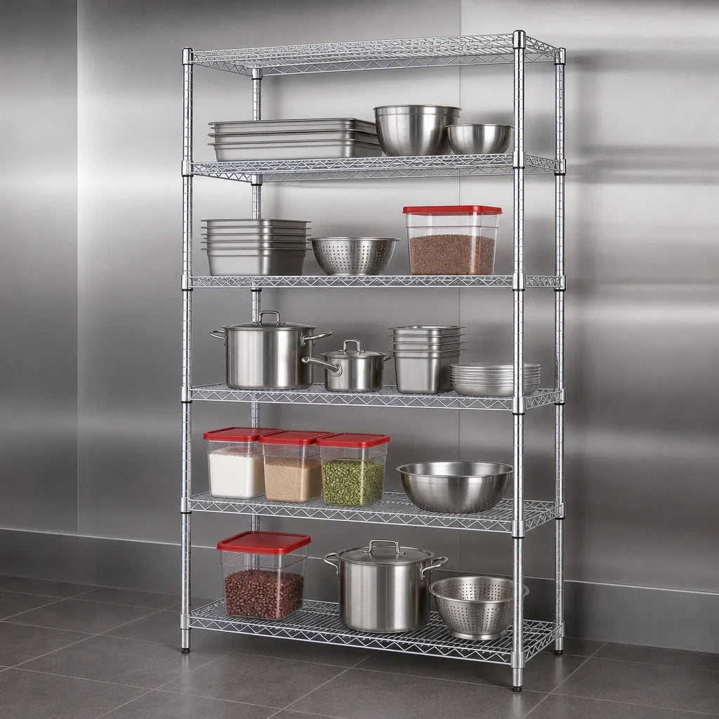Quantum WR74-2454C-5 Stationary Chrome Wire Shelving Starter Kit, 54"W x 24"D x 74"H, 5 Shelves