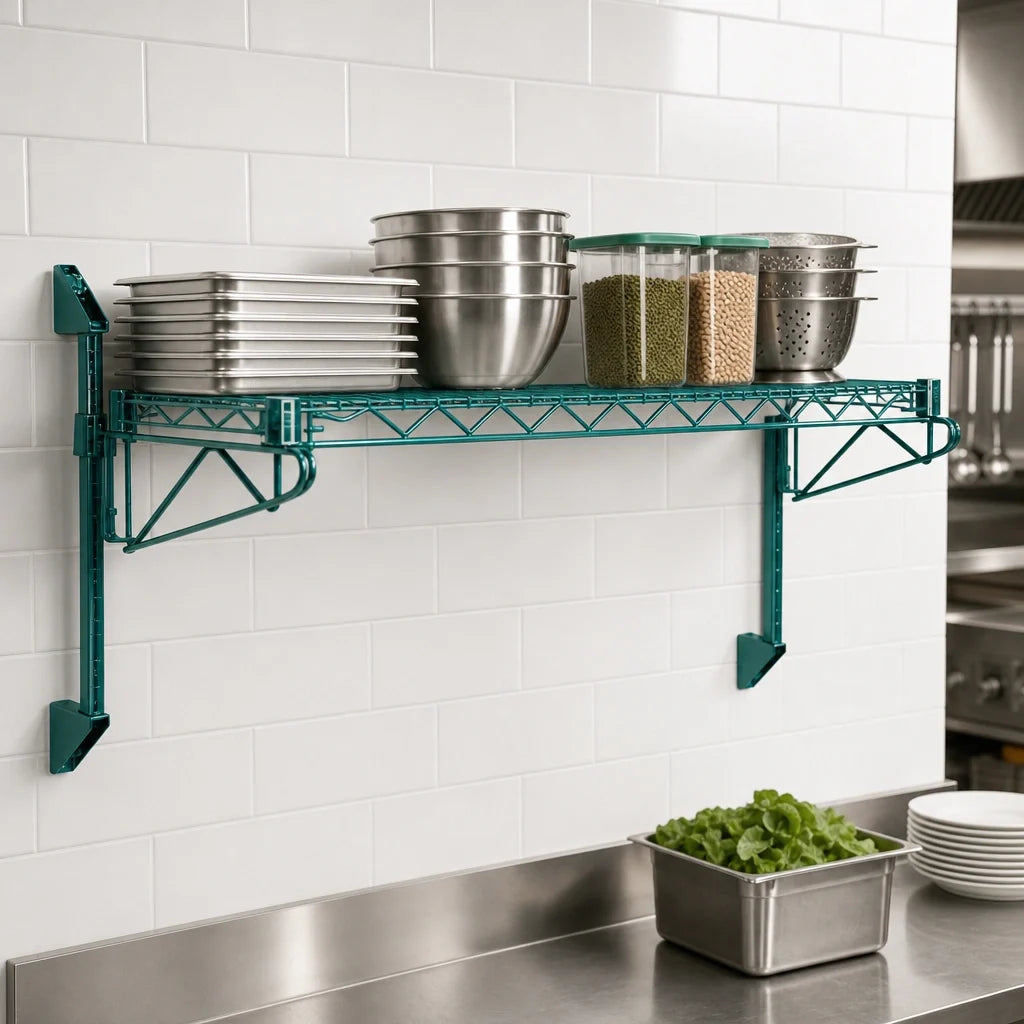 Quantum WC14-CB1260P Wall-Mount Cantilever Wire Shelf, Single-Tier, 60"W x 12"D, Green Epoxy Finish