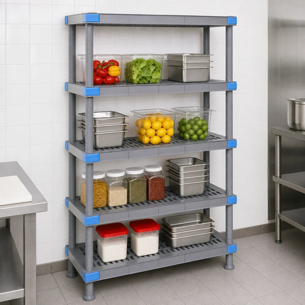 Quantum QP246062VS-5 5-Shelf Open Grid Polymer Shelving Unit with Dunnage Stand, 60"W x 24"D x 62"H, 2,000 lb. Capacity