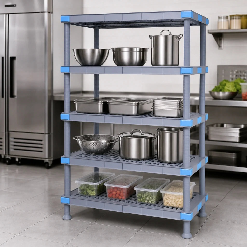 Quantum Millenia QP214874VS-4 48"W x 21"D x 74"H Gray Polymer Shelving Unit, 4 Open-Grid Shelves, Stationary Starter