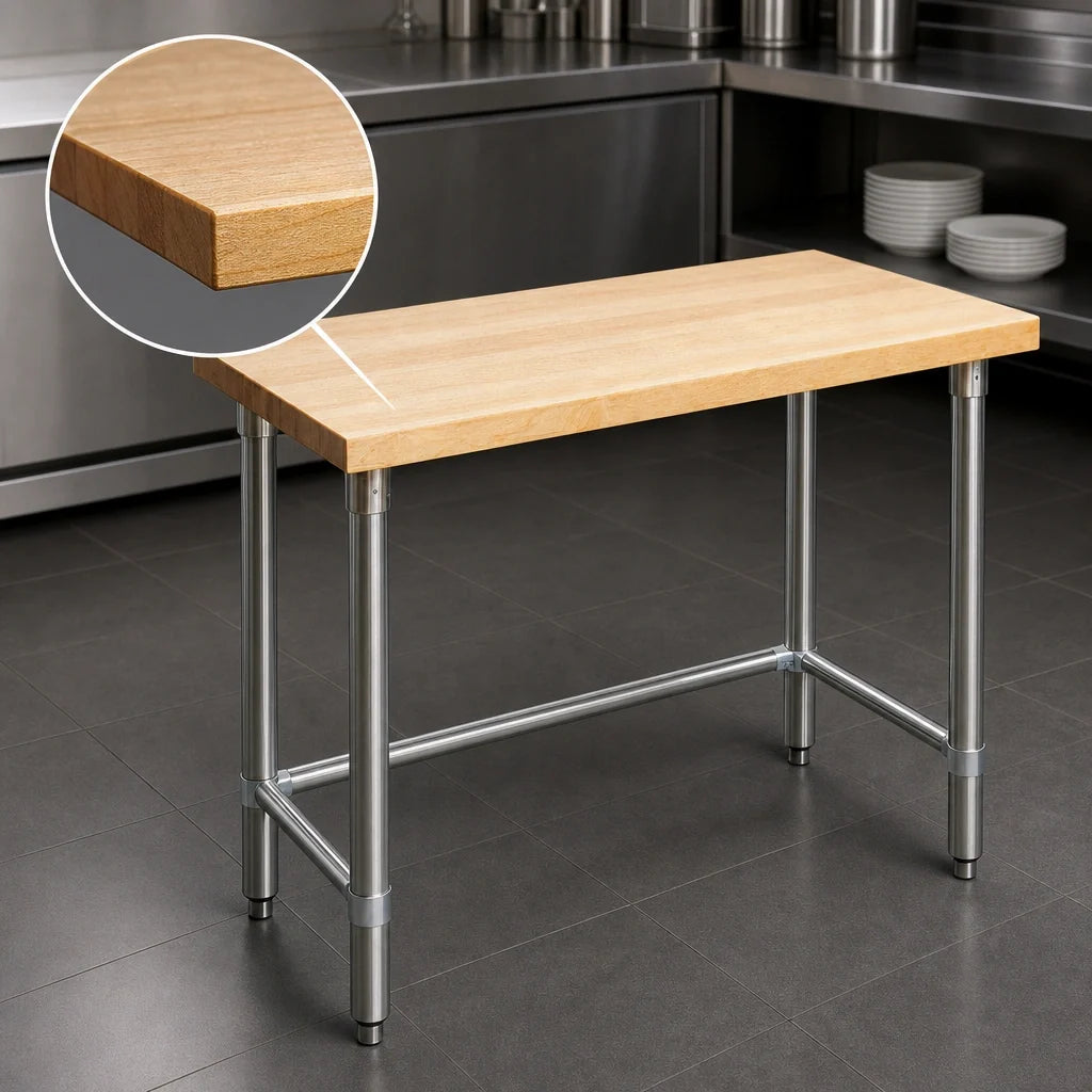 Eagle Group MT2448GT 48 x 24 Inch Wood Top Work Table, 1-3/4 Inch Hardwood Top, Galvanized Open Base, No Backsplash