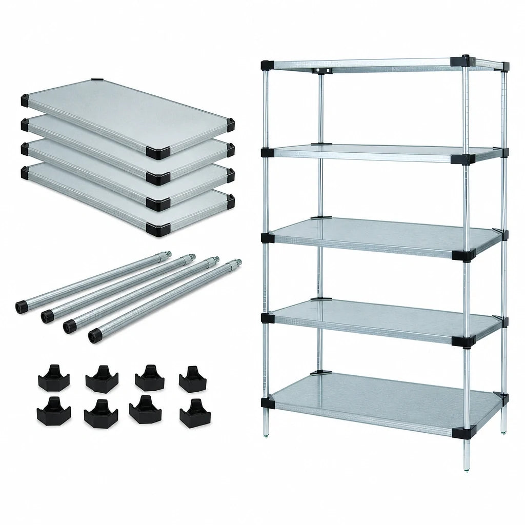 Quantum WR74-2124SG-5 Stationary Solid Shelving Starter Kit, 5 Galvanized Steel Shelves, 24"W x 21"D x 74"H
