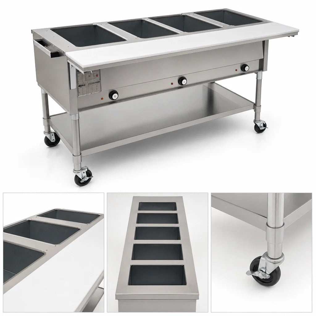 Eagle Group SPDHT4-208-3 66-Inch Mobile Electric Hot Food Table, 4 Dry Wells, Open Shelf Base, 208V 3-Phase
