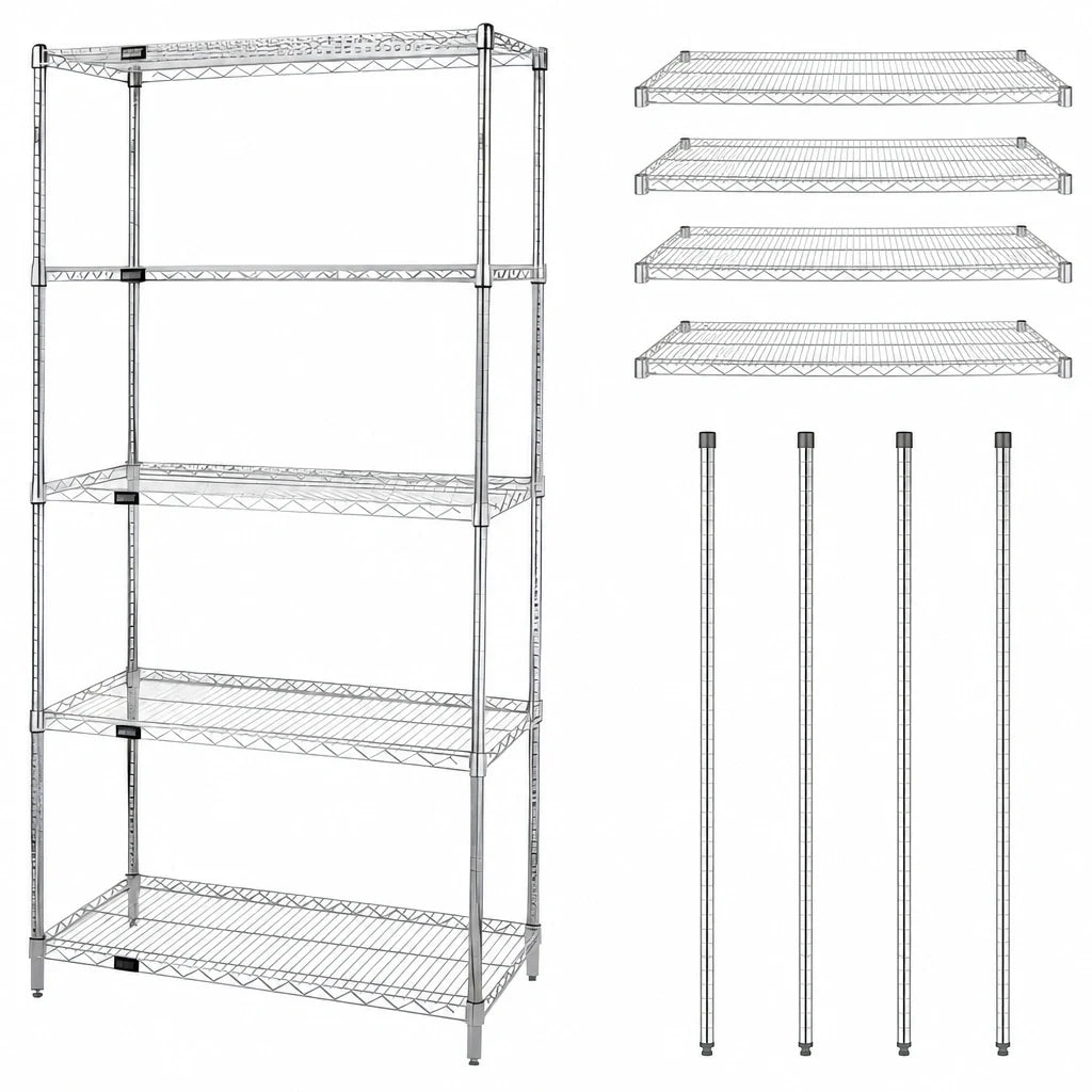 Quantum WR74-3042C-5 Wire Shelving Starter Unit, 42"W x 30"D x 74"H, 5 Shelves, Chrome-Plated, Stationary