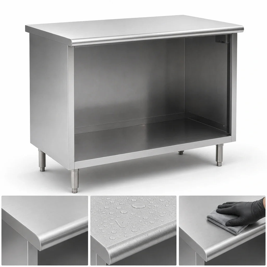 Eagle Group Spec-Master OB3096SE 96-Inch x 30-Inch Open-Front Stainless Steel Cabinet Base Work Table, 14-Gauge Rolled-Edge Top