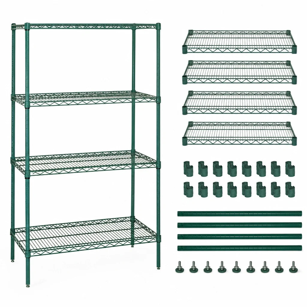 Quantum WR86-2430P Wire Shelving Starter Unit, 30"W x 24"D x 86"H, 4 Shelves, Green Epoxy Finish