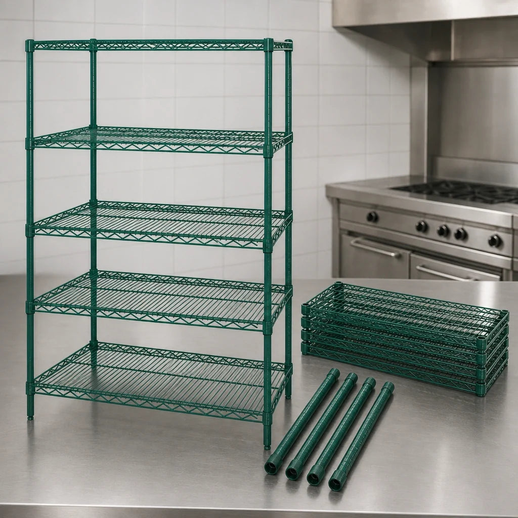 Quantum WR54-3072P-5 5-Shelf Stationary Wire Shelving Starter Unit, 72"W x 30"D x 54"H, Green Epoxy Finish