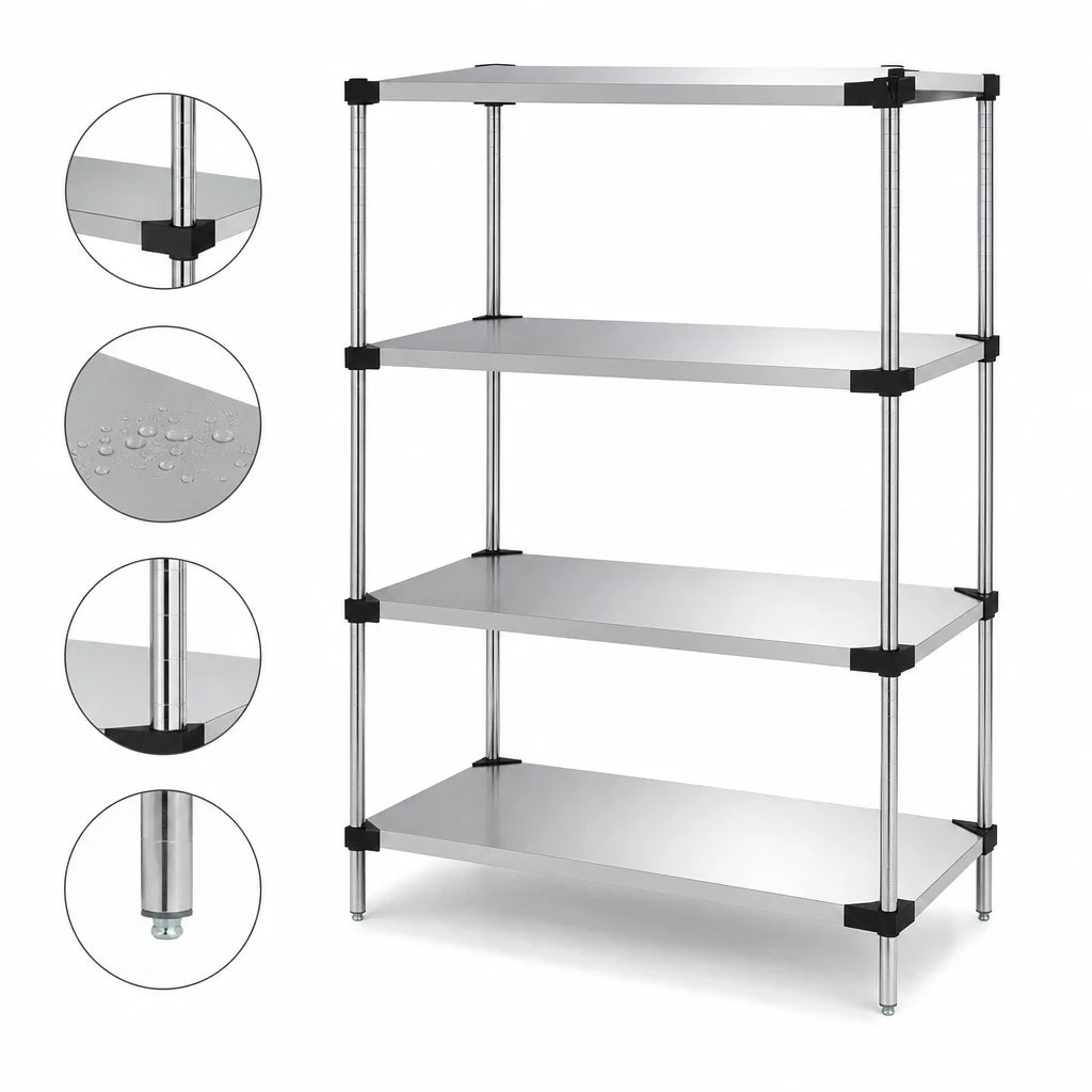 Quantum WRS4-54-2154SS 4-Shelf Solid Shelving Starter Kit, 54"W x 21"D x 54"H, 304 Stainless Steel