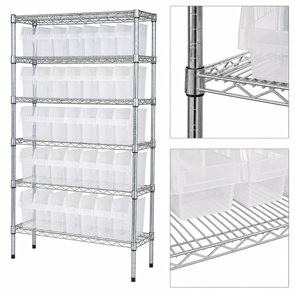 Quantum WR8-801CL Stationary Chrome Bin Wire Shelving Unit, 36"W x 12"D x 74"H, 8 Shelves, 49 Clear Bins