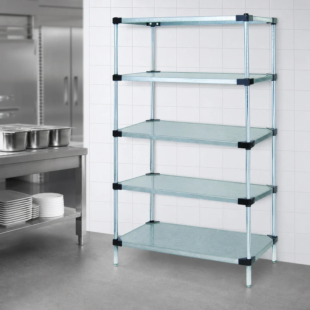 Quantum WR86-2124SG-5 Solid Shelving Starter Unit, 5 Shelves, 24"W x 21"D x 86"H, Galvanized Steel Shelves, Chrome Posts