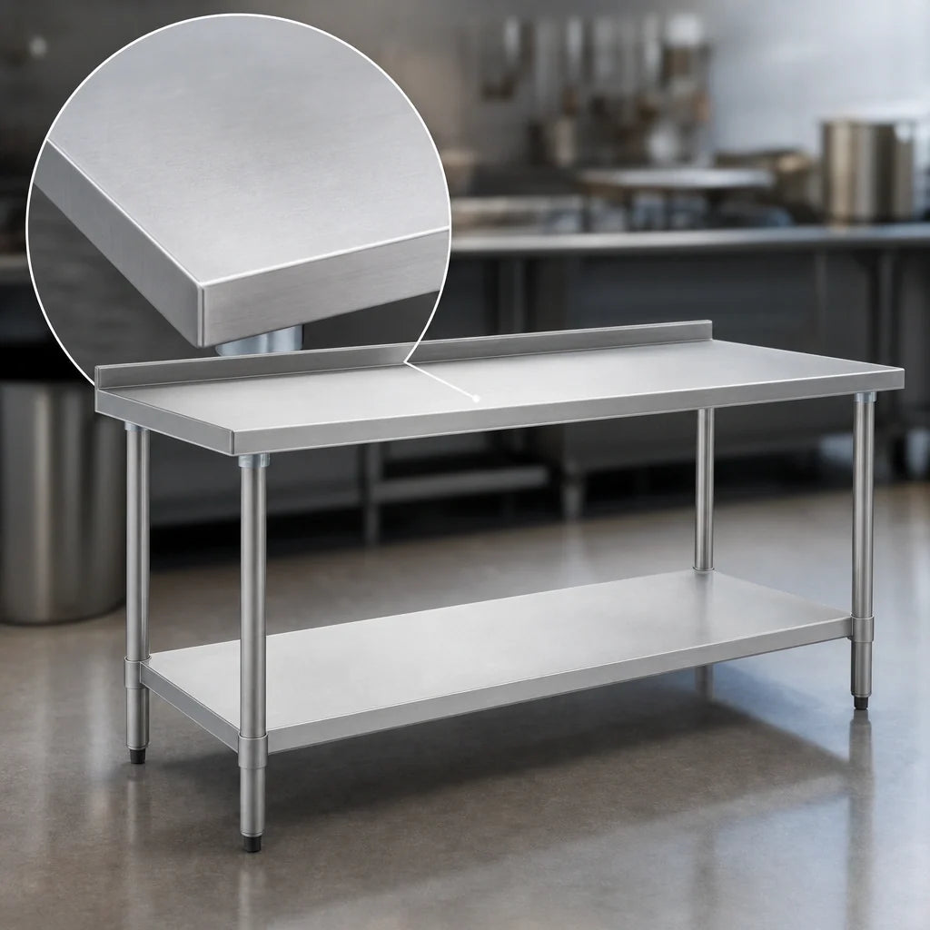Eagle Group Spec-Master UT3030SE 30 x 30 Inch Stainless Steel Corner Work Table, 14-Gauge 300 Series Top, Adjustable Undershelf, Rear Up-Turn