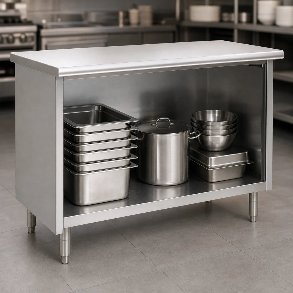 Eagle Group Spec-Master OB2460SE Open-Front Stainless Steel Cabinet Base Work Table, 60"W x 24"D, Flat 14-Gauge Top, Rolled Edges