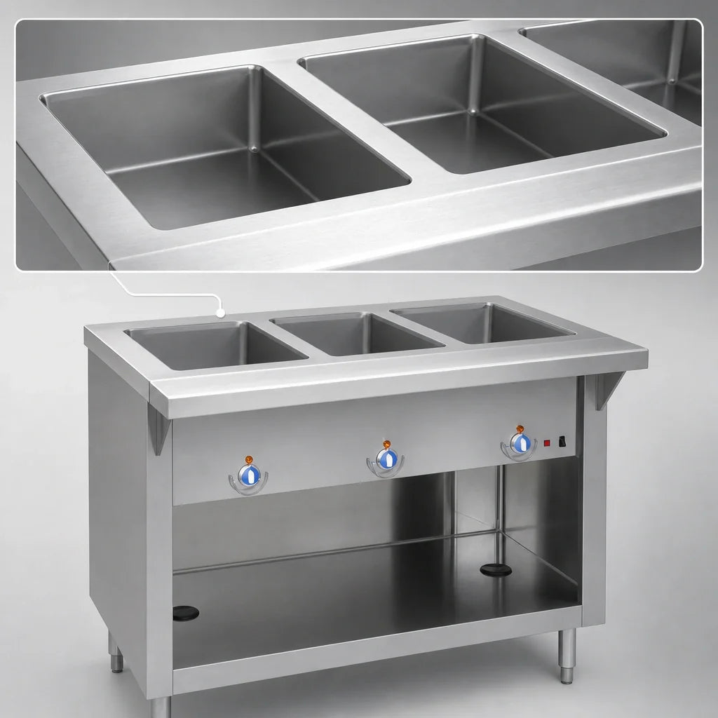 Duke Manufacturing Thurmaduke E-4-CBPG 60-Inch 4-Well Electric Steamtable with Sealed Wells and Open Storage Base