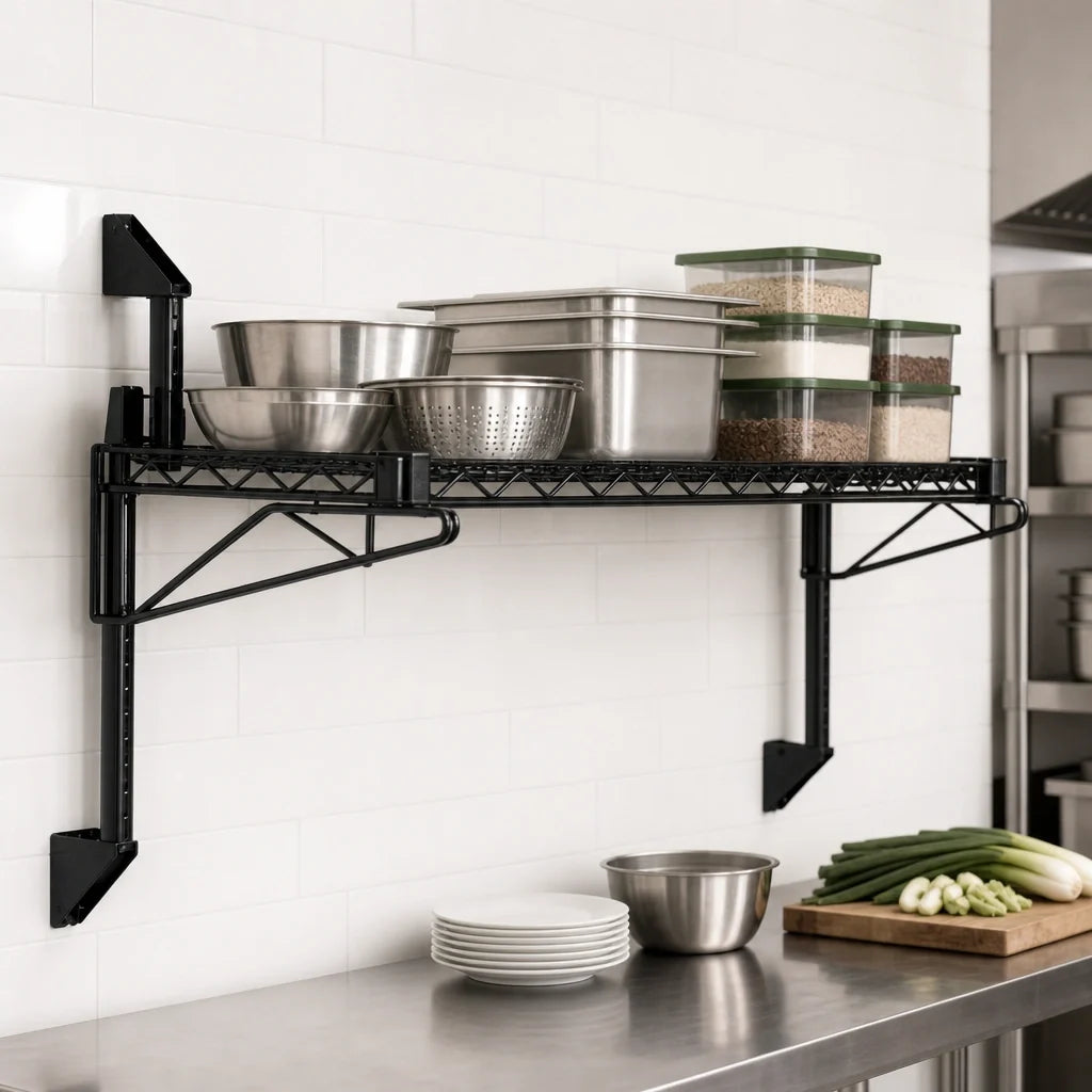 Quantum WC14-CB1436BK Wall-Mounted Cantilever Wire Shelf, Single Shelf, 36 x 14 Inches, Black Epoxy