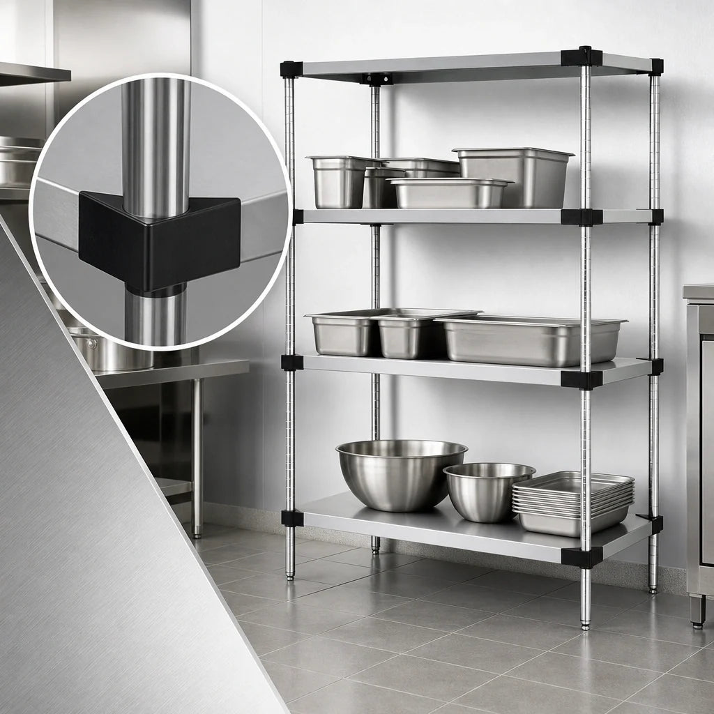 Quantum WRS4-63-2142SS 304 Stainless Steel Solid Shelving Starter Kit, 42"W x 21"D x 63"H, 4-Shelf Stationary
