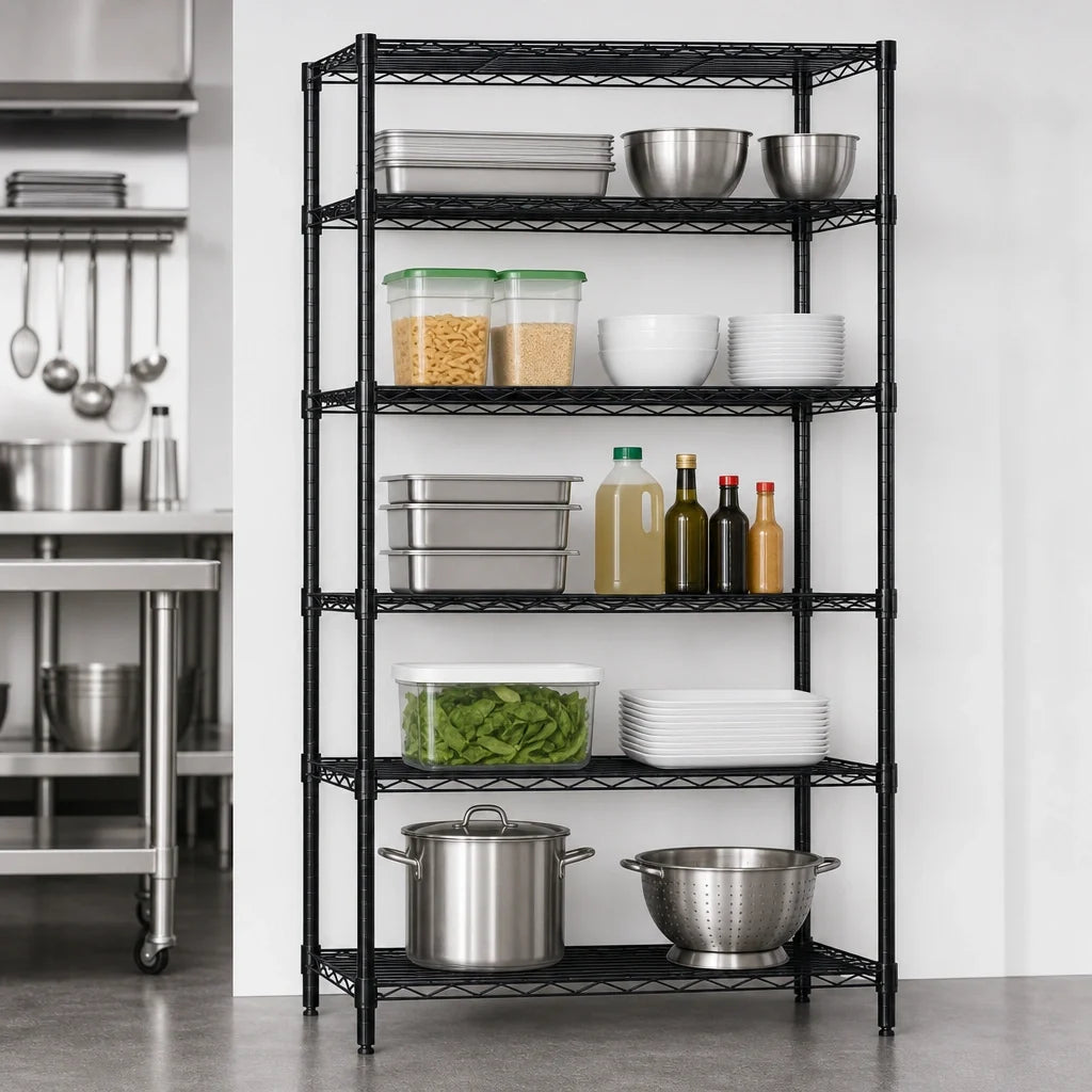 Quantum WR54-1430BK-5 Wire Shelving Starter Unit, 30"W x 14"D x 54"H, 5 Shelves, Black Epoxy Finish