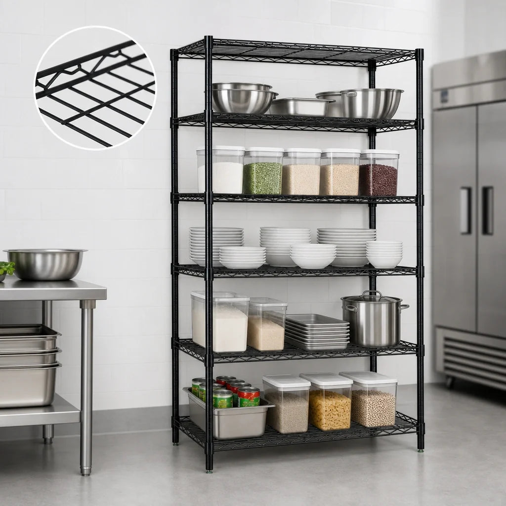 Quantum WR63-1460BK-5 Wire Shelving Starter Unit, 60"W x 14"D x 63"H, 5 Shelves, Black Epoxy Finish