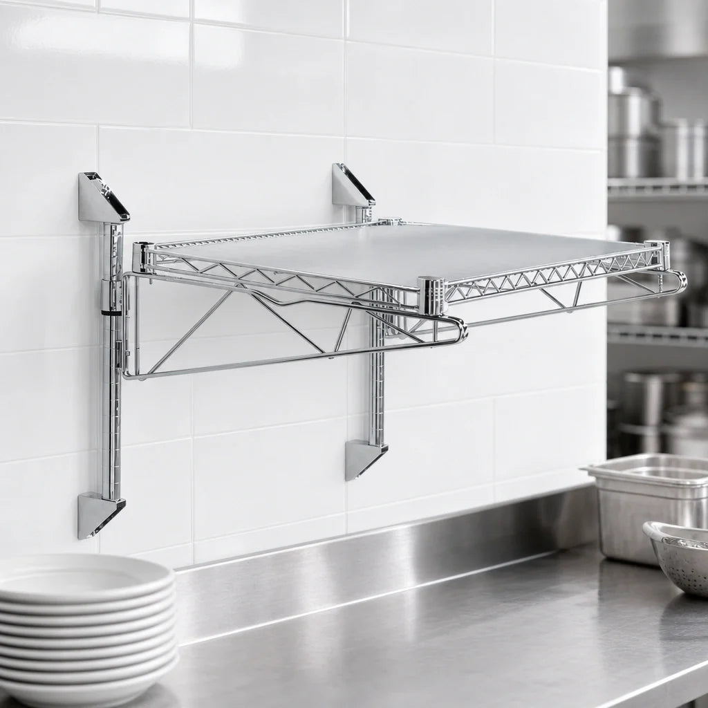 Quantum WC14-CB1442C Wall-Mount Cantilever Wire Shelving Unit, Single Shelf, 42 x 14 in, Chrome-Plated