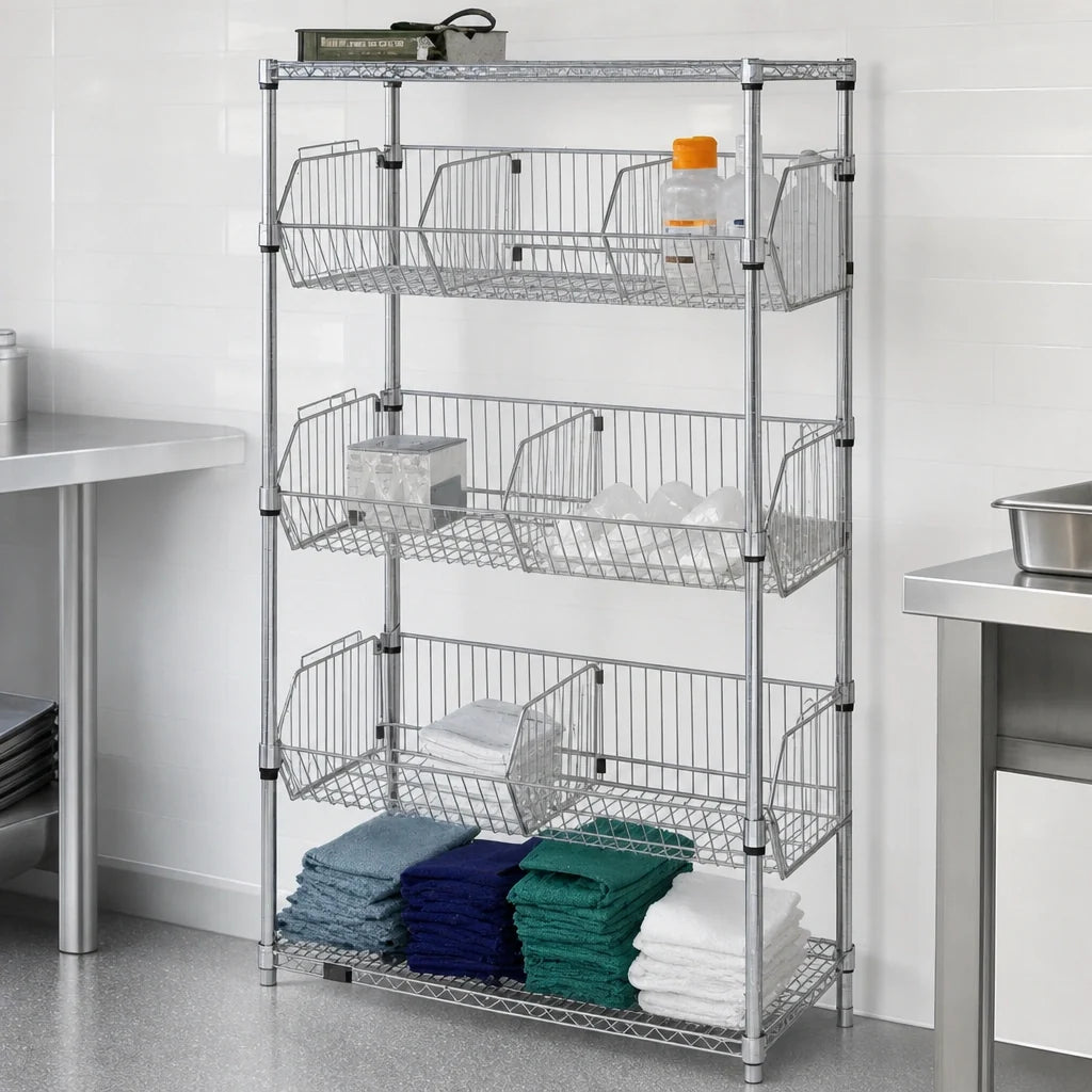 Quantum 1848BC6C Stationary Wire Basket Unit, 48W x 18D x 63H, 3 Adjustable Baskets, Chrome-Plated