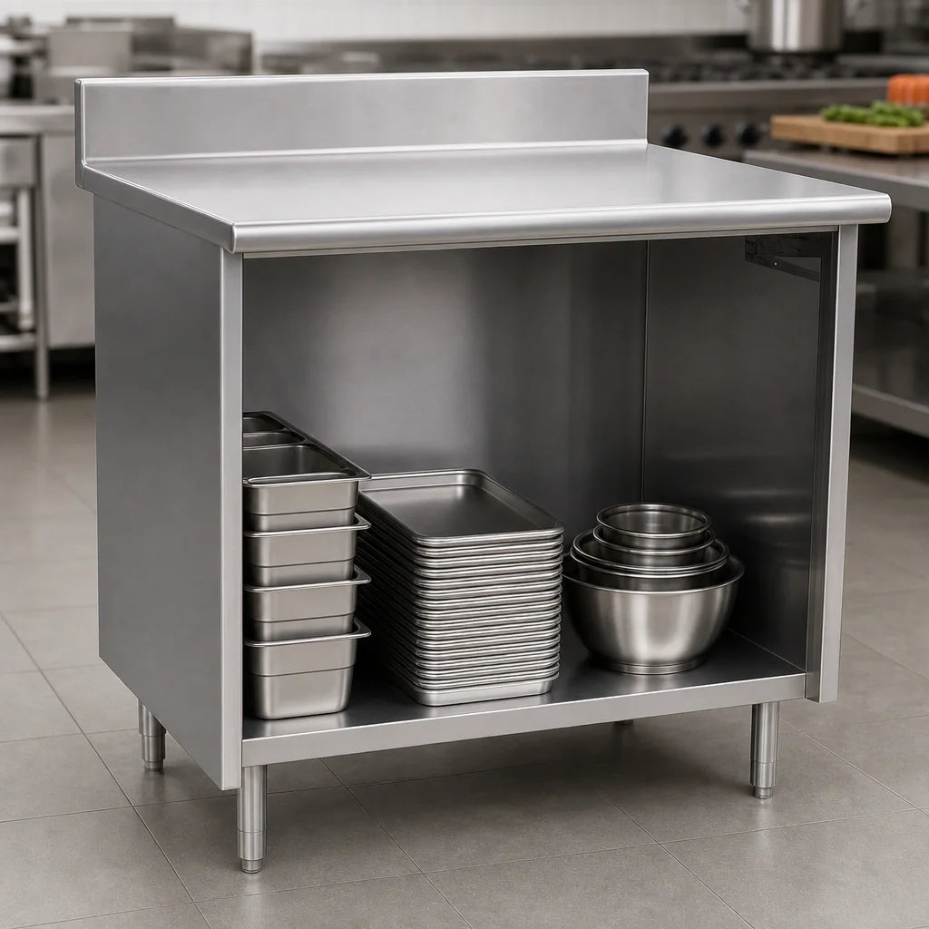 Eagle Group Spec-Master OB3072SE-BS Open-Front Stainless Steel Cabinet Base Work Table, 72 x 30 in, 14-Gauge 304 Top, 4-1/2 in Backsplash