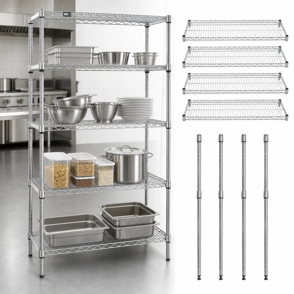 Quantum WR86-1436S 4-Shelf Stainless Steel Wire Shelving Starter Unit, 36"W x 12"D x 86"H, Stationary