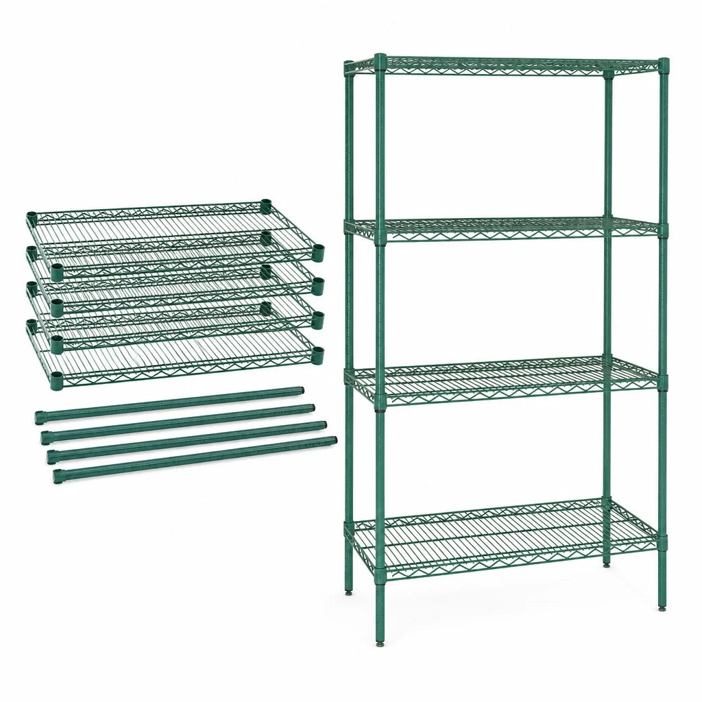 Quantum WR86-2442P 4-Shelf Stationary Wire Shelving Starter Kit, 42"W x 24"D x 86"H, Green Epoxy Finish