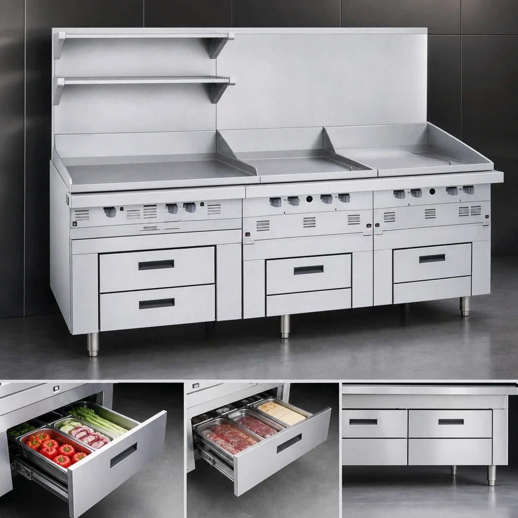 Garland Arctic Fire GN17C119 119-Inch Three-Section Self-Contained Refrigerator Base with 6 Drawers, Stainless Steel, Side-Mounted Refrigeration