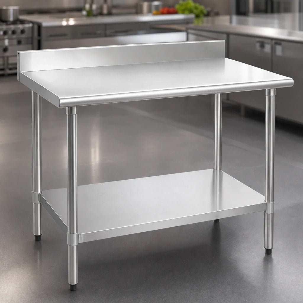 Eagle Group Spec-Master T30144E-BS 144 x 30 in Stainless Steel Work Table with 4-1/2 in Backsplash and Adjustable Galvanized Undershelf
