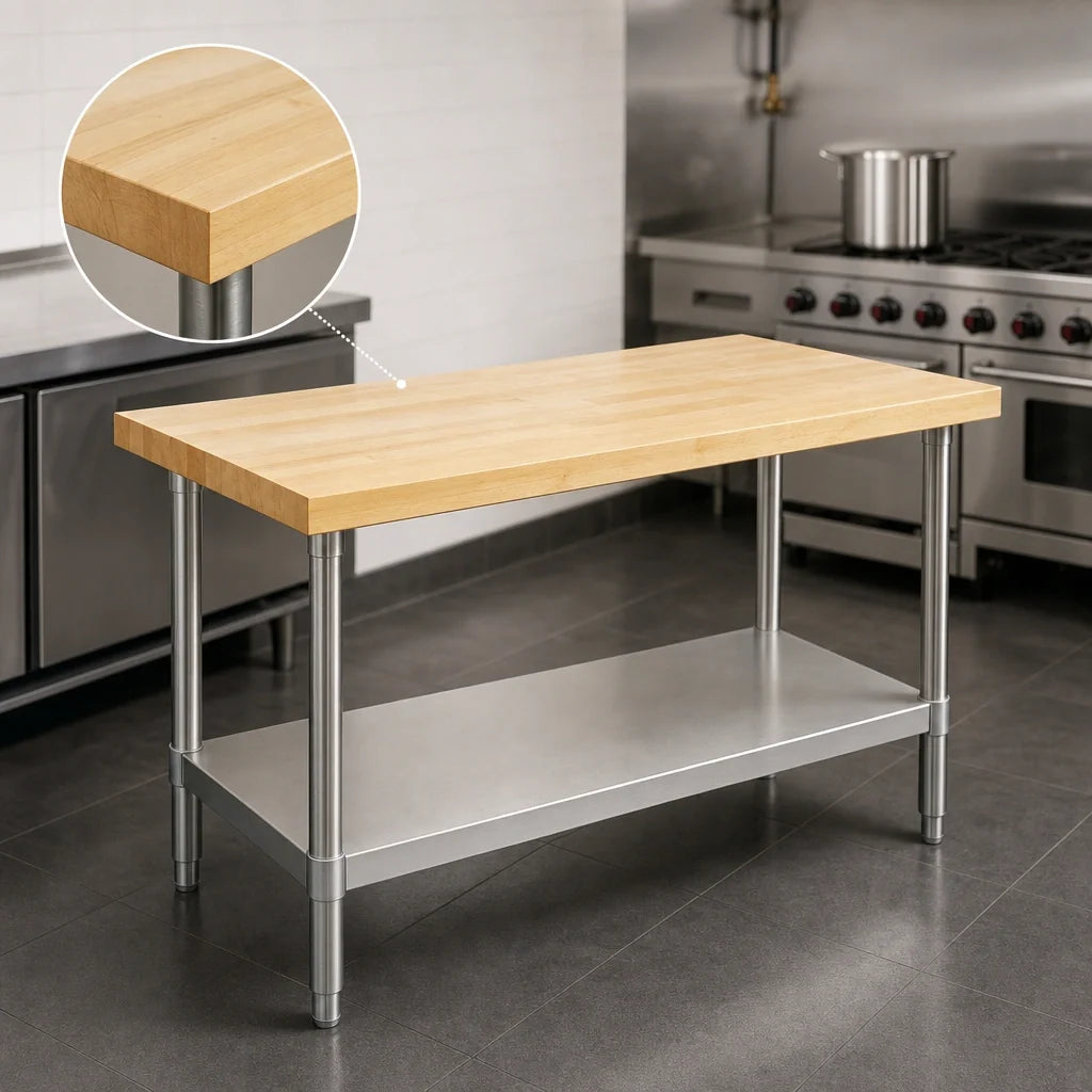 Eagle Group MT2448S 48 x 24 Inch Hardwood Top Work Table, 1-3/4 Inch Thick, Stainless Steel Open Base with Undershelf