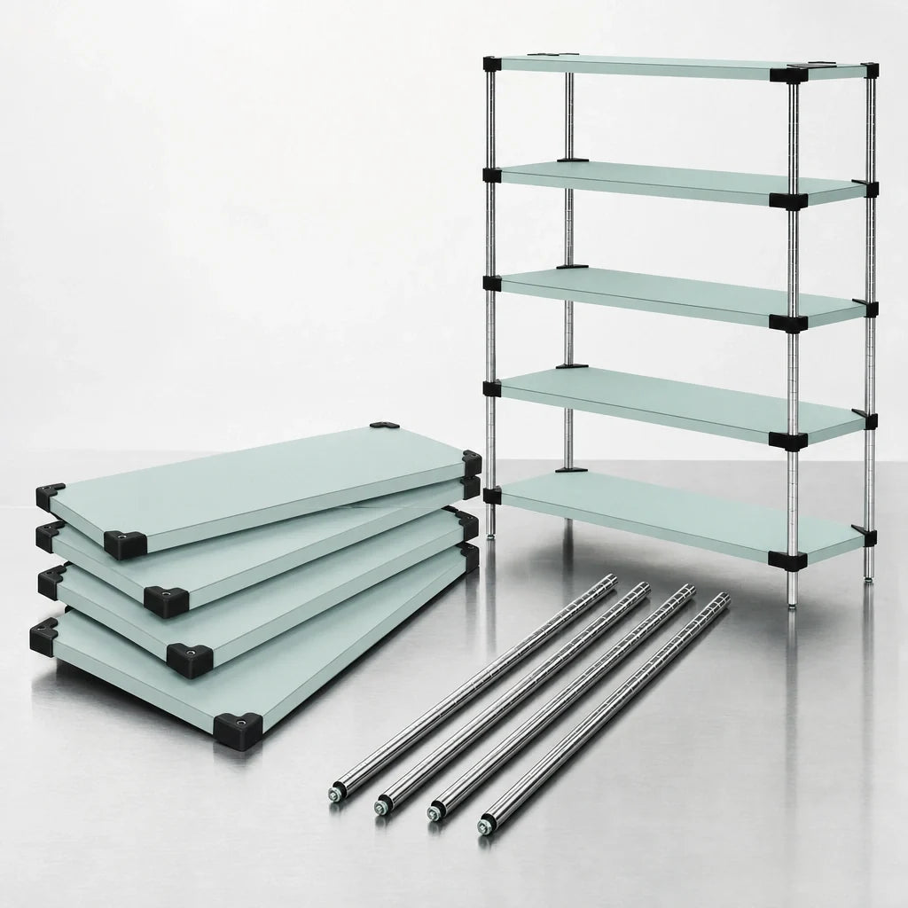 Quantum WRS5-54-1472SS 72"W x 14"D x 54"H 304 Stainless Steel Solid Shelving Starter Kit with 5 Shelves